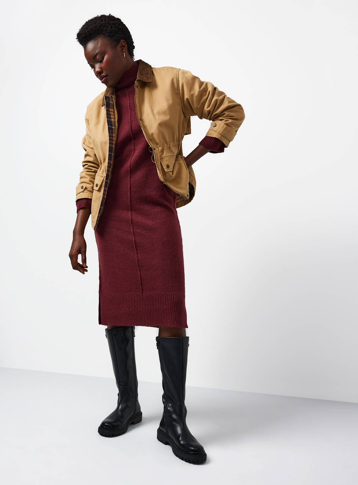 Dark Red High Neck Seam Detail Midi Knitted Dress S - Image 3